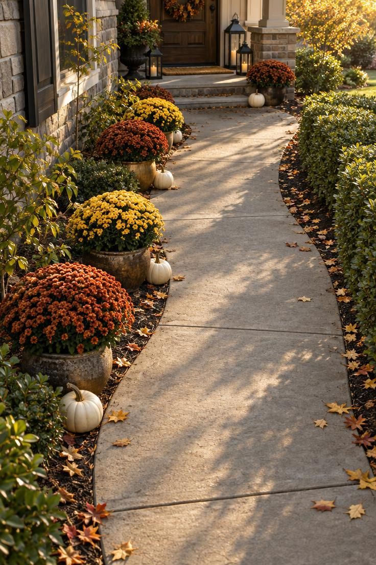 11 Warm Thanksgiving Yard Decorations to Greet Every Guest 7 Curved concrete path edged with alternating rust and gold mums in low pots and small white pumpkins, seen from above in warm golden light.