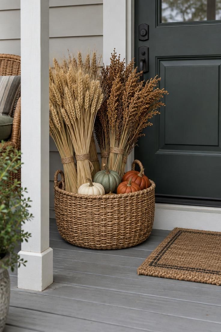 11 Warm Thanksgiving Yard Decorations to Greet Every Guest 8 Wide low woven basket near a front door holding dried wheat and broomcorn with cream, sage, and rust mini pumpkins at the base, in cool overcast light.