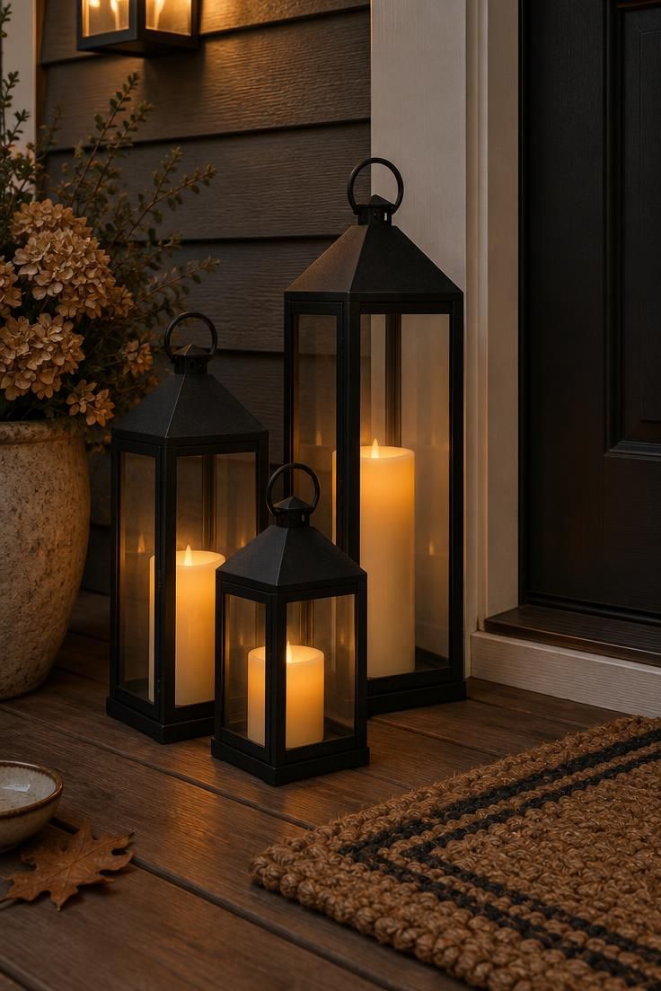 11 Warm Thanksgiving Yard Decorations to Greet Every Guest 9 Three black metal lanterns with glowing flameless candles in a triangular grouping on a wooden porch floor, rustic doormat nearby, in moody low light.