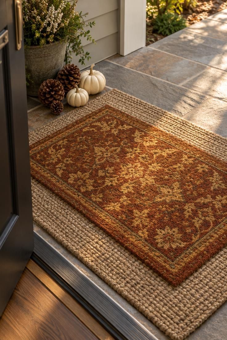 11 Warm Thanksgiving Yard Decorations to Greet Every Guest 10 Front-door threshold with a rust and gold patterned doormat layered over natural sisal, pinecones and two mini white pumpkins to one side, warm golden light.