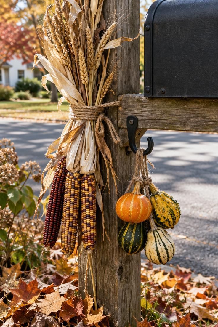 11 Warm Thanksgiving Yard Decorations to Greet Every Guest 11 Wooden mailbox post wrapped with dried Indian corn and wheat tied in jute twine, a small bundle of mini gourds hanging from the hook, in bright midday light.