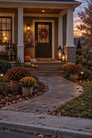11 Warm Thanksgiving Yard Decorations to Greet Every Guest 14 Residential front entry and yard at dusk with a harvest display of rust and gold mums along the walk, heirloom pumpkins on the steps, a woven basket of dried stems, and glowing porch lanterns.