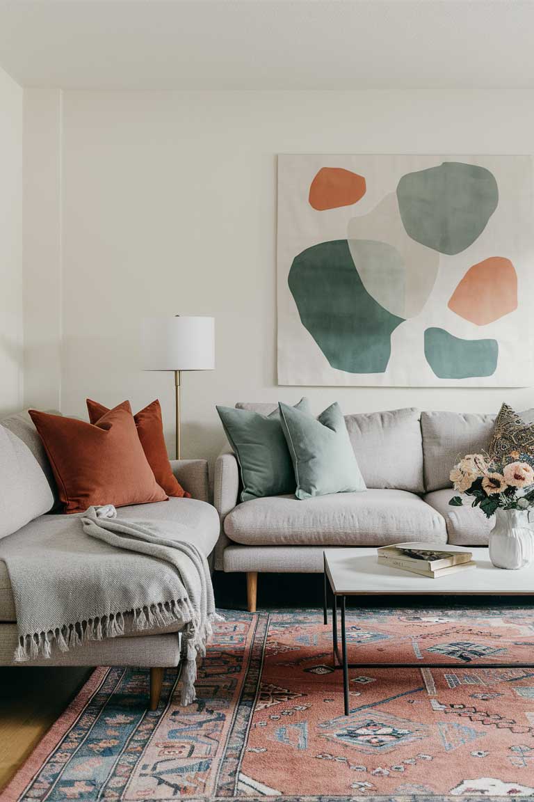 A neutral living room with pops of color. Throw pillows in muted terracotta, sage green, and dusty blue adorn the sofa. A vibrant, patterned area rug in similar tones lies beneath the coffee table. A large piece of abstract art on the wall incorporates these colors, tying the room together.