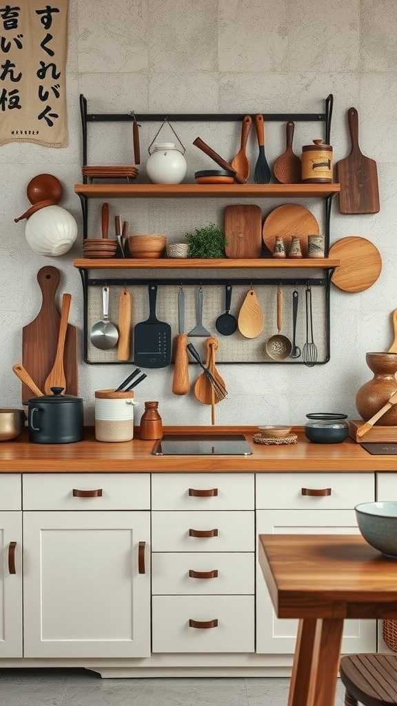 Thoughtful arrangement of kitchen tools in a wabi-sabi style kitchen