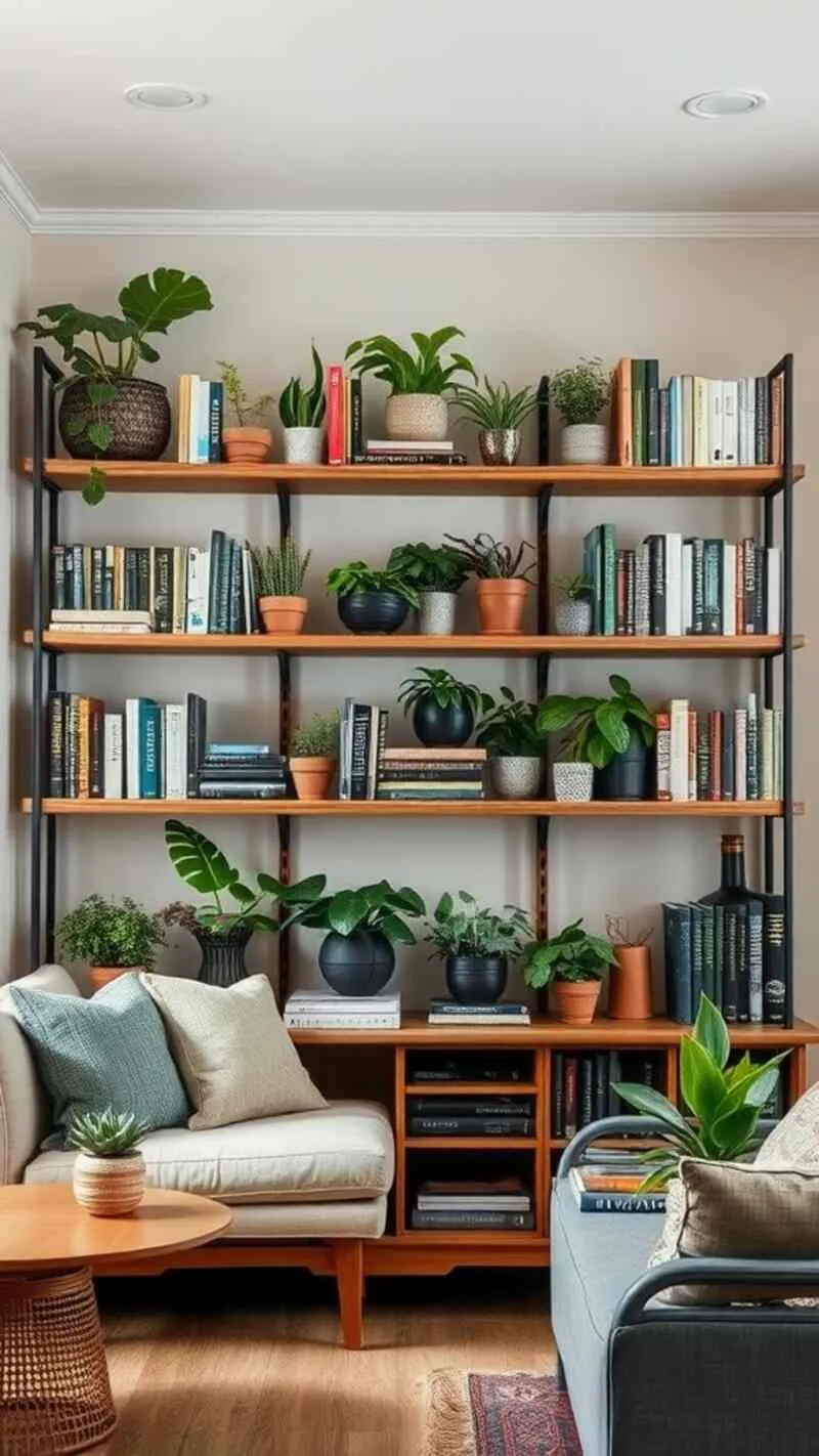 19 Wabi-Sabi Living Room Ideas for a Cozy & Timeless Space 11 A cozy living room featuring thoughtfully placed shelving with books and plants, showcasing a wabi-sabi aesthetic.
