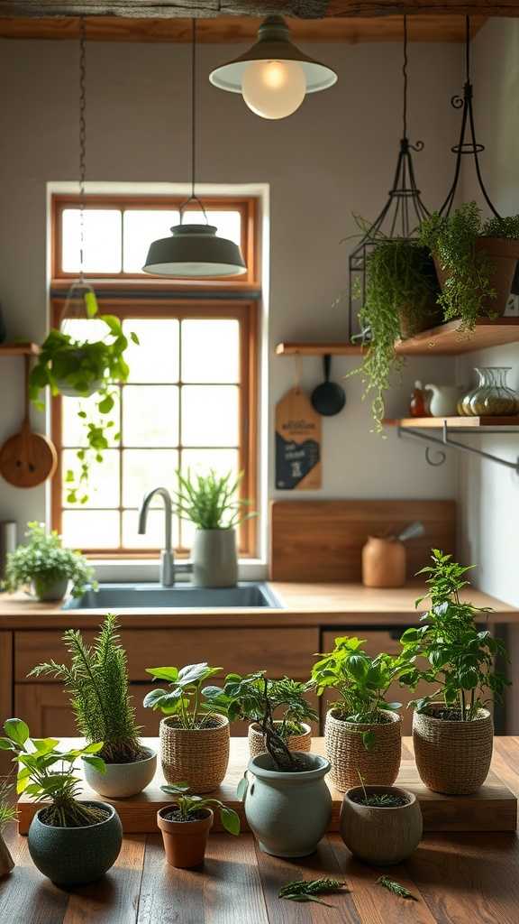 A cozy kitchen with various potted plants on the table and shelves, showcasing a blend of modern and natural elements.