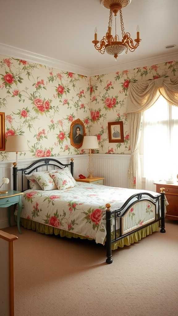 A vintage bedroom featuring floral wallpaper and decor