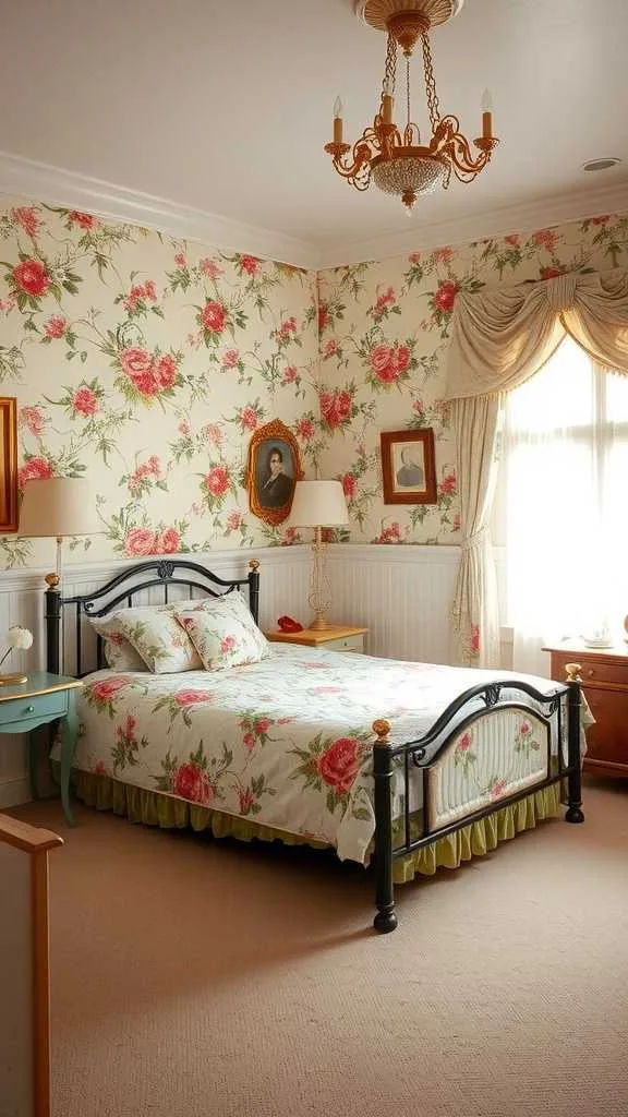 10 Charming Vintage Bedroom Ideas for a Timeless Retreat 8 A vintage bedroom featuring floral wallpaper and decor