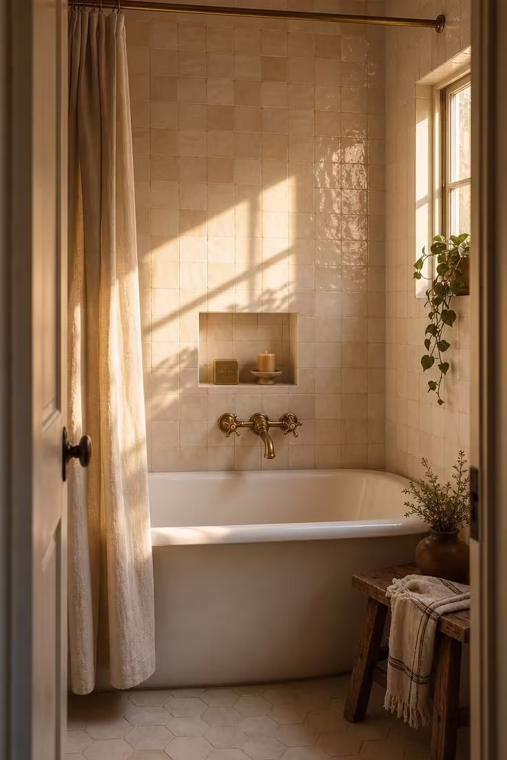 13 Cozy Tiny Bathroom Ideas With Bathtub Worth Copying 1 White cast-iron alcove tub in a tiny bathroom with cream zellige tile walls and warm golden afternoon light