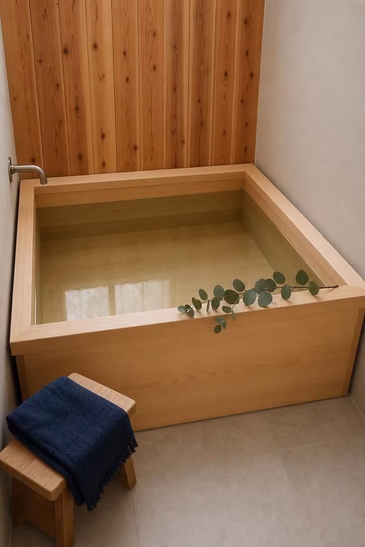 13 Cozy Tiny Bathroom Ideas With Bathtub Worth Copying 2 Japanese hinoki soaking tub in a cedar-clad corner of a tiny bathroom with soft diffused natural light