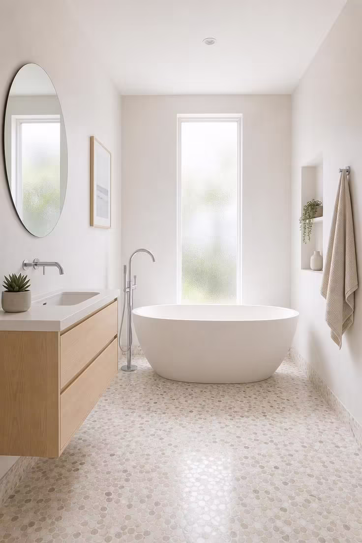 13 Cozy Tiny Bathroom Ideas With Bathtub Worth Copying 3 Compact stone resin freestanding tub on gray terrazzo floor in a bright tiny bathroom with floating vanity