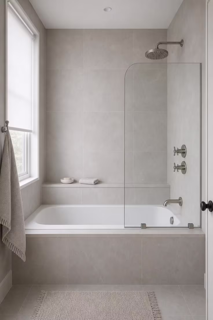 13 Cozy Tiny Bathroom Ideas With Bathtub Worth Copying 4 Drop-in tub with frameless glass panel and brushed nickel hardware in a tiny bathroom with cool overcast light