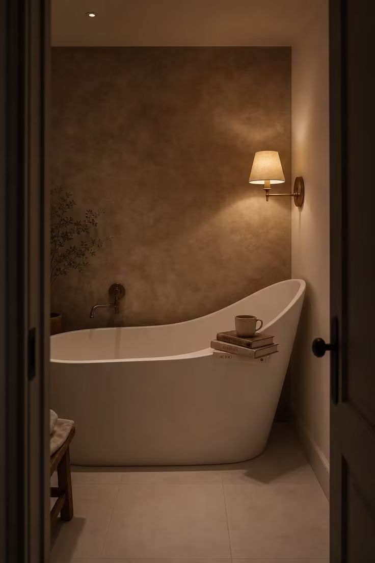 13 Cozy Tiny Bathroom Ideas With Bathtub Worth Copying 5 Narrow slipper tub against a limewash plaster accent wall in a moody low-lit tiny bathroom