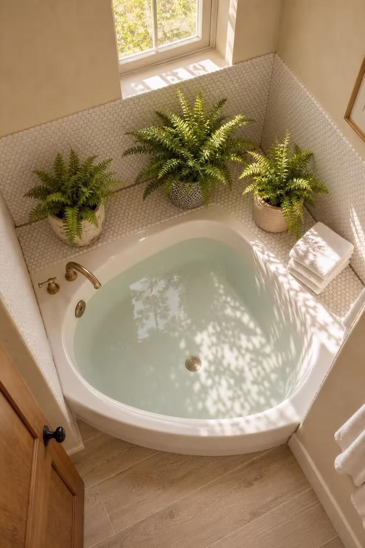 13 Cozy Tiny Bathroom Ideas With Bathtub Worth Copying 6 Corner soaking tub with built-in ledge and potted ferns in a tiny bathroom with warm golden light from above