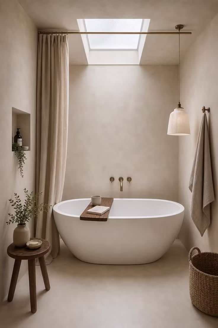 13 Cozy Tiny Bathroom Ideas With Bathtub Worth Copying 8 Petite oval freestanding tub under a frosted skylight with linen curtain in a tiny bathroom with soft diffused light