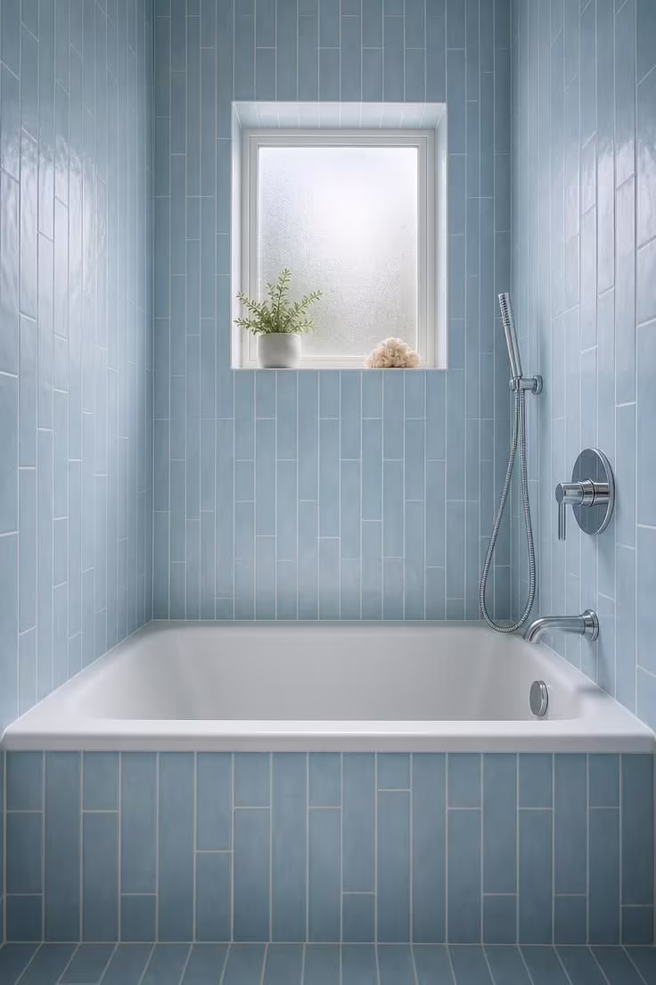 13 Cozy Tiny Bathroom Ideas With Bathtub Worth Copying 9 Deep alcove tub with floor-to-ceiling pale blue vertical tile in a tiny bathroom with cool overcast light