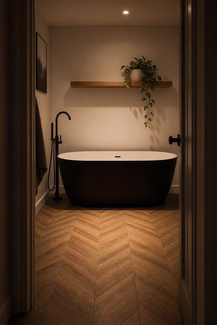 13 Cozy Tiny Bathroom Ideas With Bathtub Worth Copying 10 Matte black freestanding tub on herringbone oak-look porcelain floor in a moody low-lit tiny bathroom