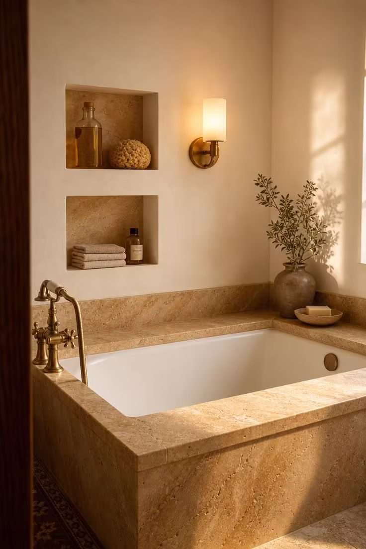 13 Cozy Tiny Bathroom Ideas With Bathtub Worth Copying 11 Built-in tub deck with recessed storage niches and warm travertine surround in a tiny bathroom with golden light