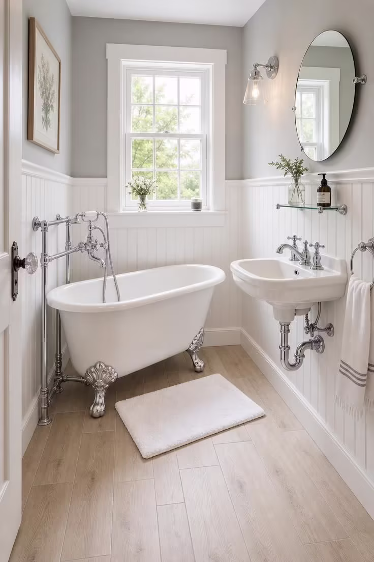 13 Cozy Tiny Bathroom Ideas With Bathtub Worth Copying 12 Petite 48-inch roll-top tub with chrome feet on wide plank porcelain floor in a bright cottage-style tiny bathroom