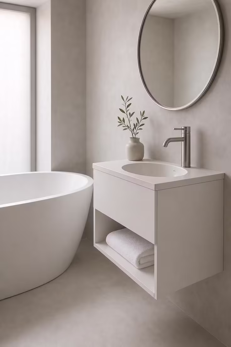 13 Cozy Tiny Bathroom Ideas With Bathtub Worth Copying 13 Floating vanity beside a 48-inch freestanding tub in a pale concrete microcement tiny bathroom with soft diffused light