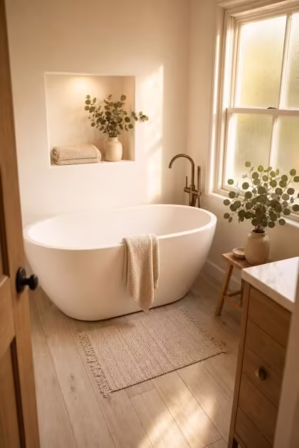 13 Cozy Tiny Bathroom Ideas With Bathtub Worth Copying Cozy tiny bathroom with a compact white freestanding bathtub, warm white plaster walls, and golden afternoon light streaming through a frosted window