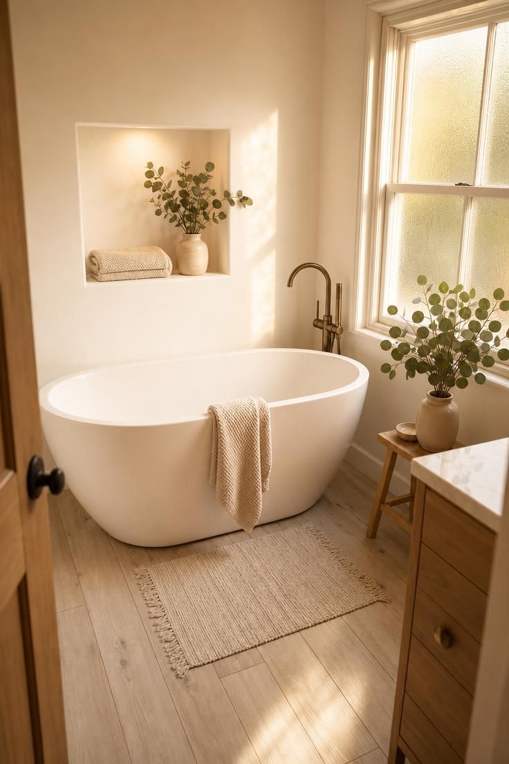 Cozy tiny bathroom with a compact white freestanding bathtub, warm white plaster walls, and golden afternoon light streaming through a frosted window