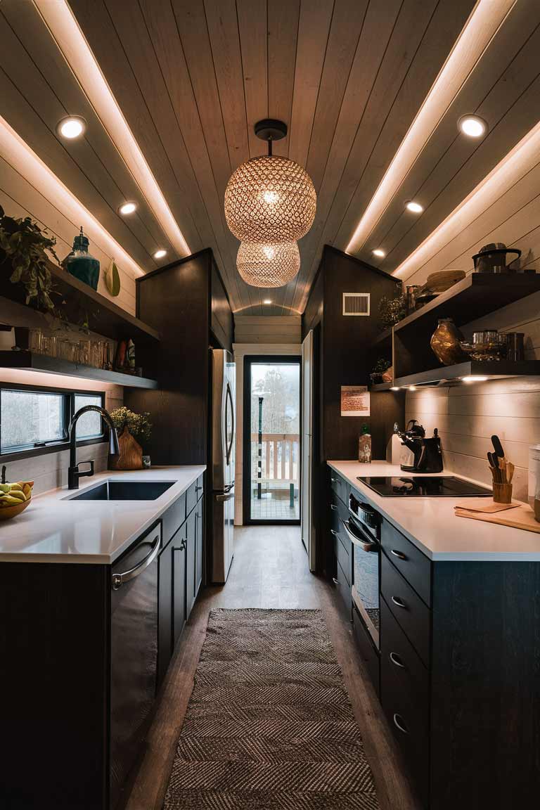 A tiny home interior featuring a layered lighting strategy, with recessed ambient lighting, task lighting over the kitchen counters, and a statement pendant or chandelier as an accent piece.