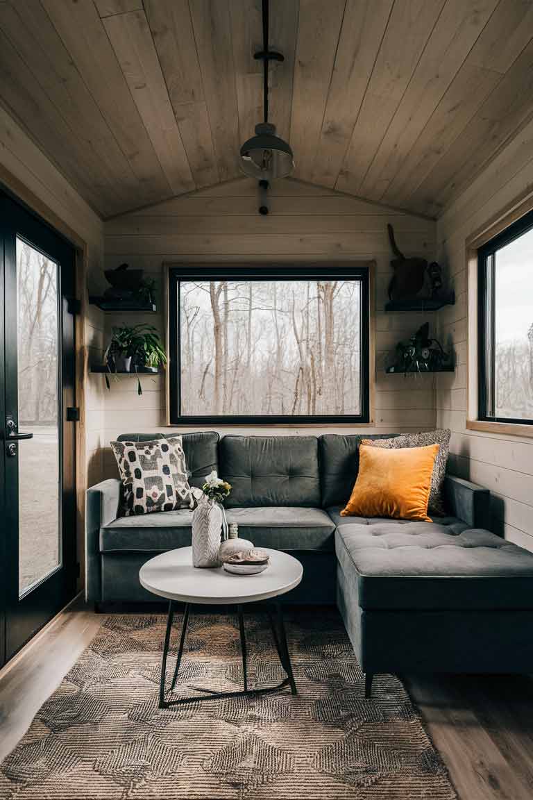 A tiny home living room featuring a high-end, convertible sofa or sectional that can transform into a guest bed, with attention to the luxurious upholstery materials like velvet or leather.