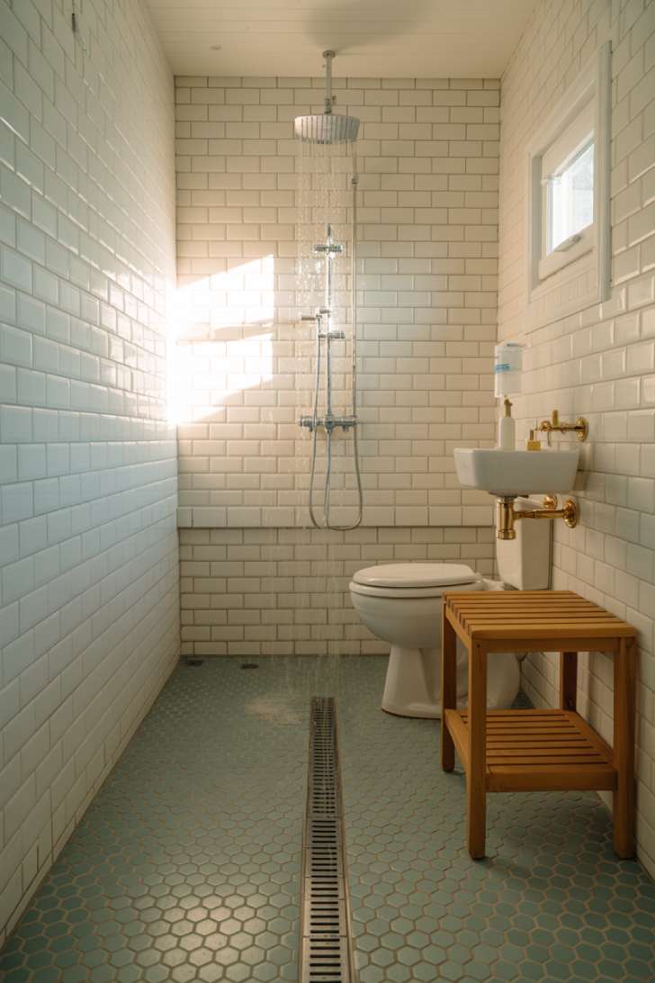 13 Smart Tiny House Bathroom Ideas for Tiny Budgets 1 White-tiled tiny house wet bath with central drain and brass fixtures