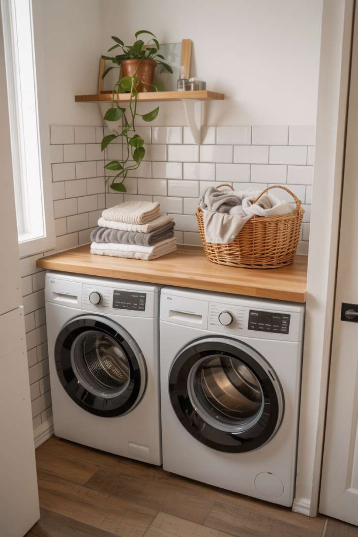 13 Smart Tiny House Bathroom Ideas for Tiny Budgets 10 Stackable washer and dryer in a tiny house bathroom corner with butcher block top