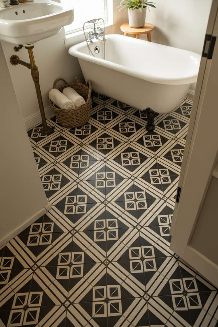 13 Smart Tiny House Bathroom Ideas for Tiny Budgets 11 Black and white geometric encaustic tile floor in a tiny house bathroom
