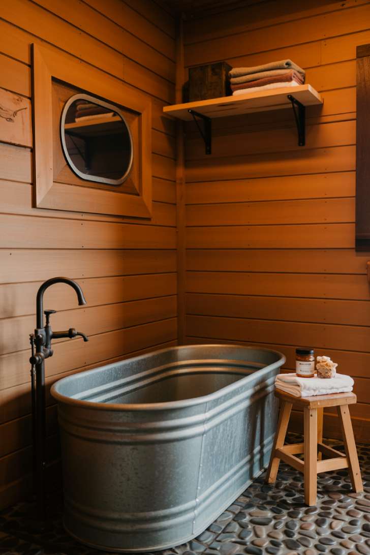 13 Smart Tiny House Bathroom Ideas for Tiny Budgets 13 Cedar plank walls and galvanized stock tank tub in a rustic tiny house bathroom