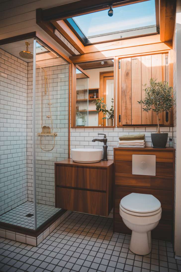 Simple Spaces 12 Cozy tiny house bathroom with glass shower, floating vanity, skylight, and barn door