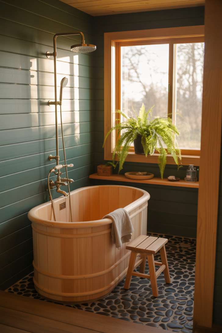 13 Smart Tiny House Bathroom Ideas for Tiny Budgets 3 Deep cedar Japanese soaking tub in a tiny house bathroom with sage shiplap walls