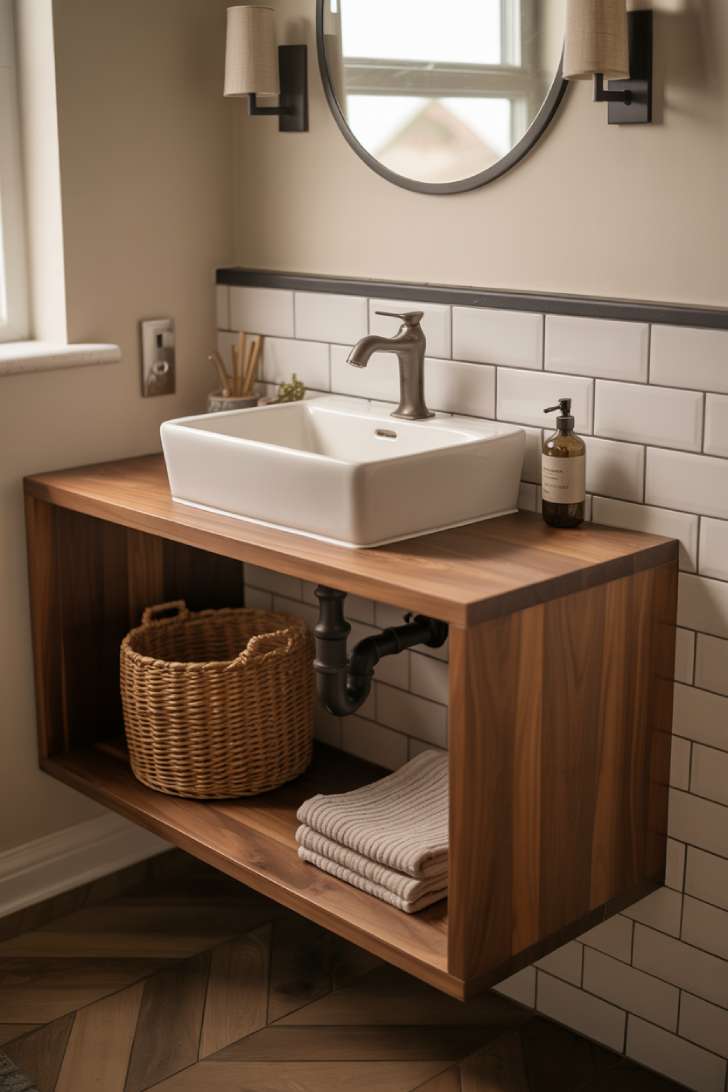 13 Smart Tiny House Bathroom Ideas for Tiny Budgets 5 Floating walnut vanity with vessel sink in a small tiny home bathroom