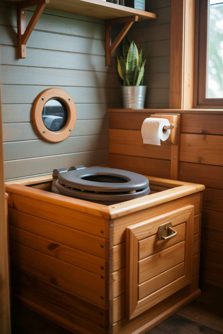 13 Smart Tiny House Bathroom Ideas for Tiny Budgets 7 Composting toilet hidden inside a custom pine wood box in a tiny house bathroom