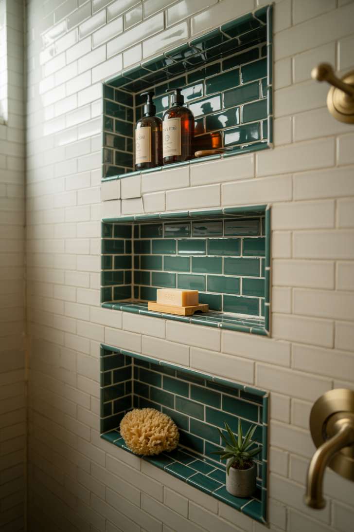 13 Smart Tiny House Bathroom Ideas for Tiny Budgets 8 Recessed shower niches lined with green tile in a tiny house bathroom