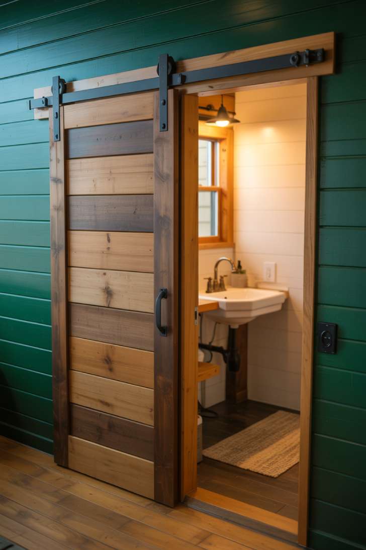 13 Smart Tiny House Bathroom Ideas for Tiny Budgets 9 Reclaimed pine barn door on black hardware outside a tiny house bathroom