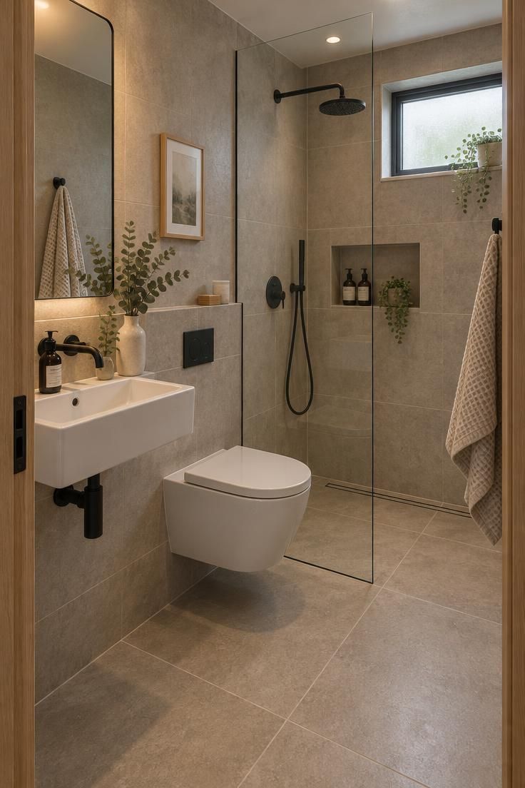 How to Plan a Tiny House Bathroom Layout with Room to Move 1 Compact residential wet bath with wall-hung sink, wall-mounted toilet, and a fixed glass panel separating the shower zone, finished in warm greige tile with a folded towel and eucalyptus on the sink ledge.