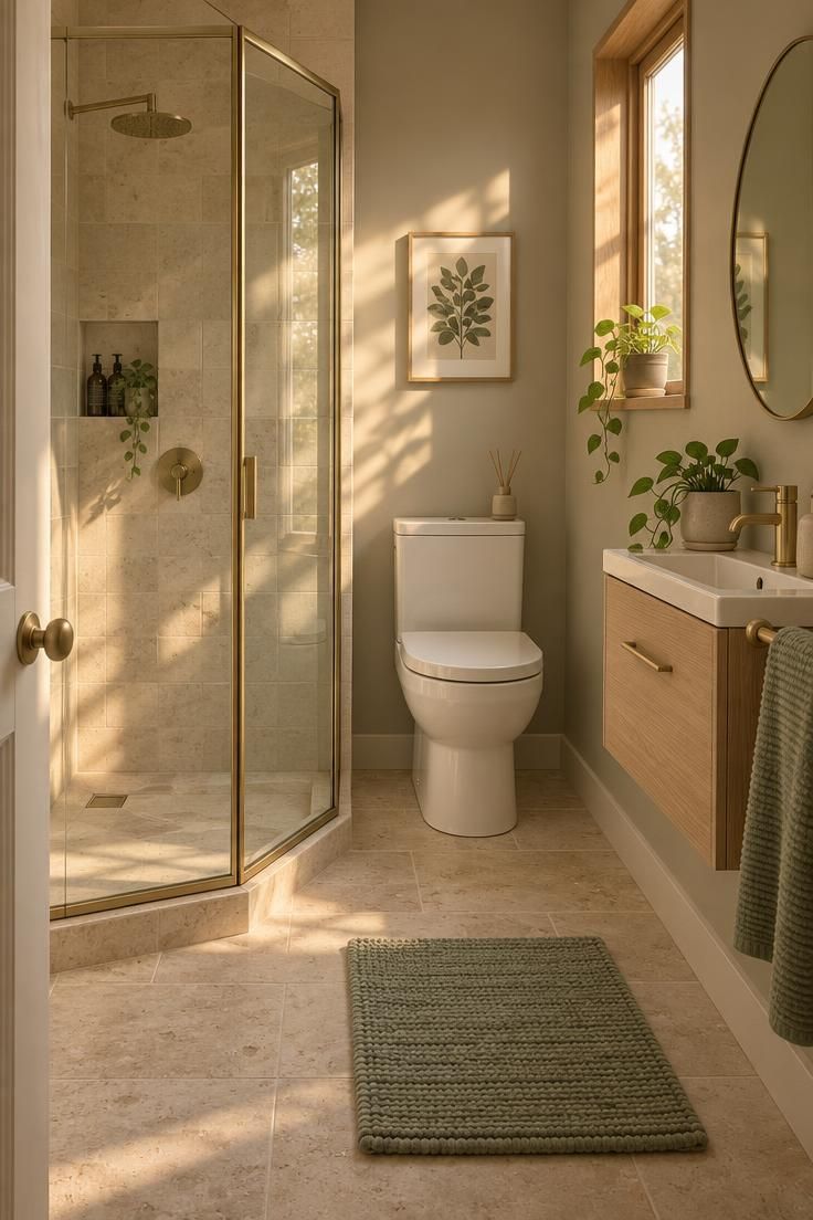 How to Plan a Tiny House Bathroom Layout with Room to Move 2 Tiny house bathroom corner shower with clear glass and matte brass framing, a compact white toilet beside it, and a narrow floating oak vanity with a round mirror under warm golden side light.