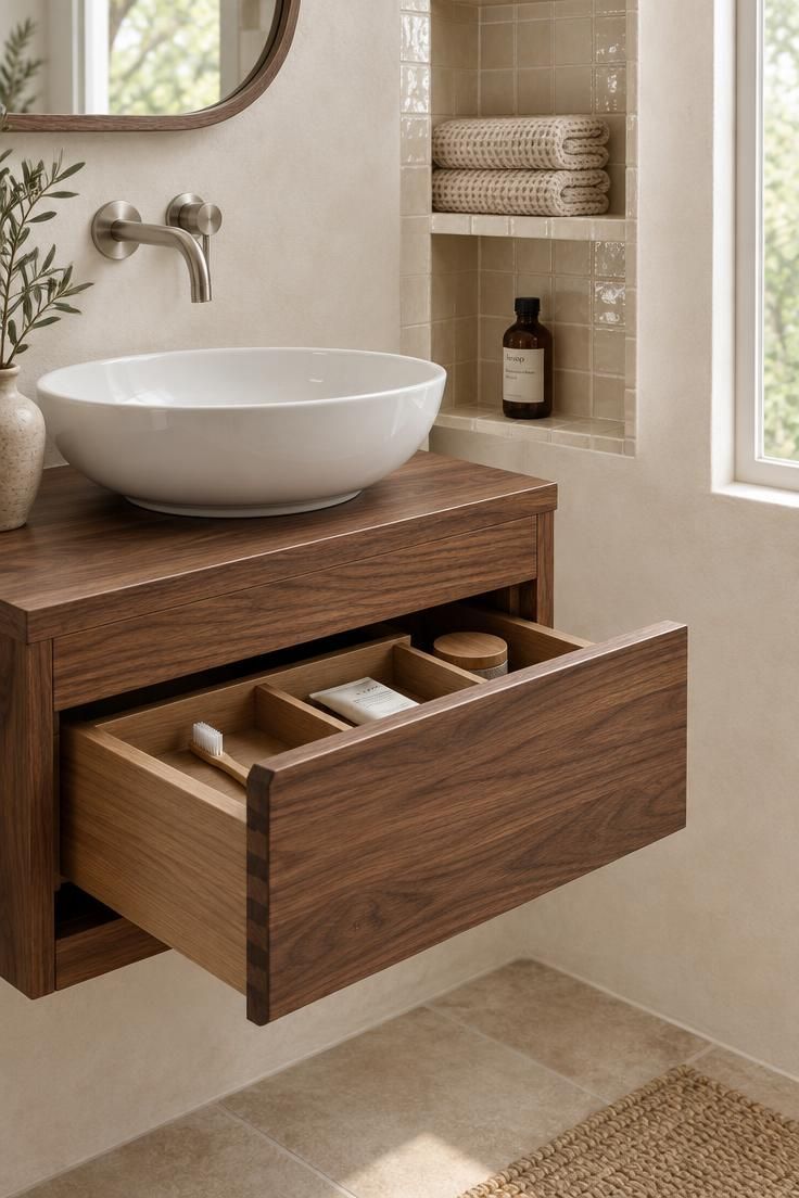 How to Plan a Tiny House Bathroom Layout with Room to Move 3 Close view of a small floating walnut vanity with an open drawer organizer beside a recessed zellige tile niche holding folded waffle towels and an amber bottle in bright daylight.