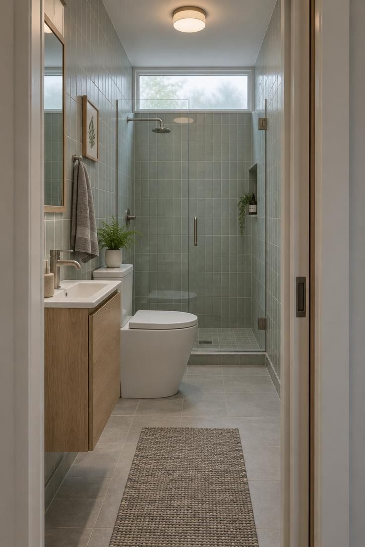 How to Plan a Tiny House Bathroom Layout with Room to Move 4 View through an open pocket door into a narrow linear tiny house bathroom with a glass shower at the far end, a compact toilet in the middle, and a wall-hung vanity near the entry under cool overcast light.