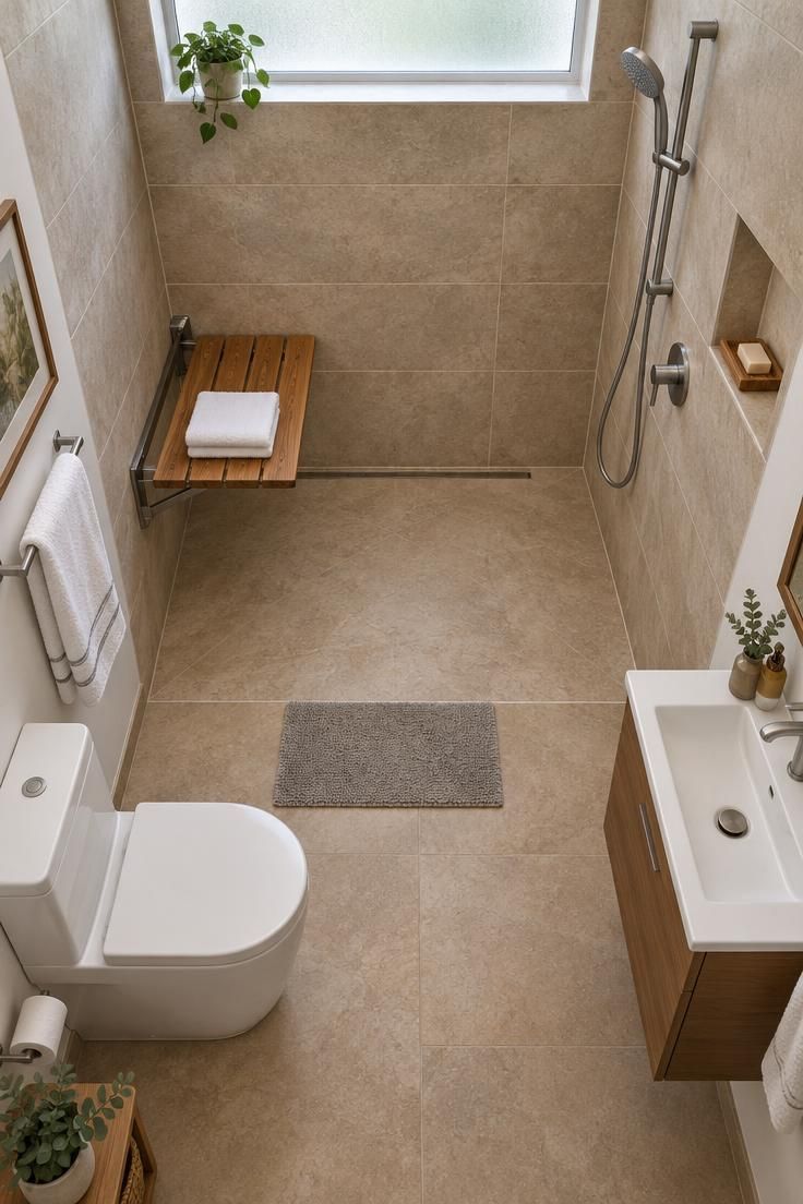 How to Plan a Tiny House Bathroom Layout with Room to Move 5 Overhead view of a tiny house accessible bathroom with a curbless shower entry, fold-down teak seat, handheld showerhead on a slide bar, plus a compact toilet and small floating vanity.