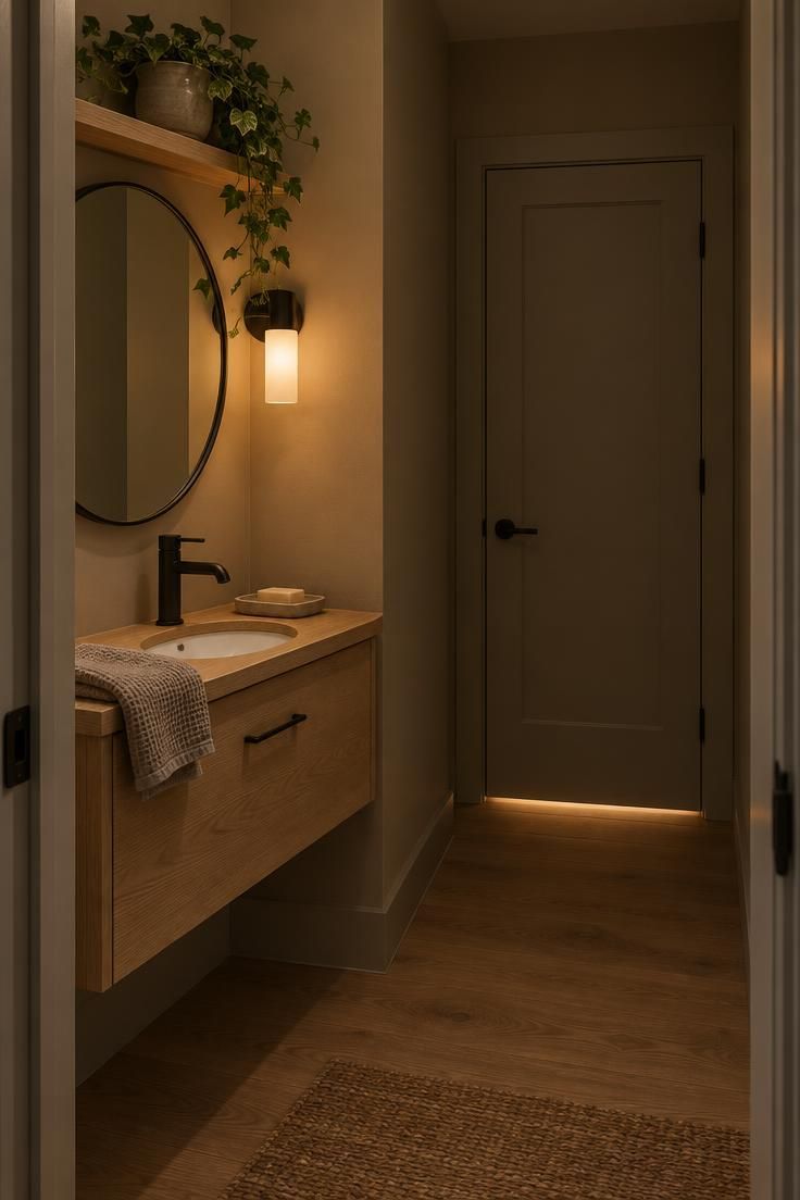 How to Plan a Tiny House Bathroom Layout with Room to Move 6 Split bathroom vanity with a round mirror and oak counter in a hallway alcove, separated from the closed shower and toilet room door behind it under moody warm sconce light.