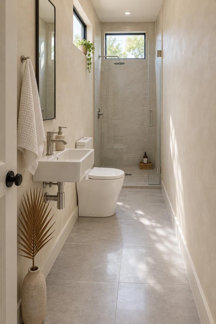How to Plan a Tiny House Bathroom Layout with Room to Move 7 Narrow linear tiny house bathroom with a glass shower at the far end, compact toilet in the middle, and wall-hung sink near the entry, all on one wall in bright midday light.