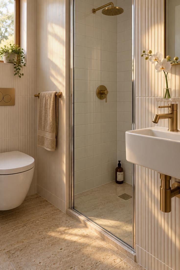How to Plan a Tiny House Bathroom Layout with Room to Move 8 Close view of a fixed glass shower screen with chrome channel in a tiny house side-by-side bathroom, with wall-hung sink in front and compact toilet across the pale stone floor in golden light.