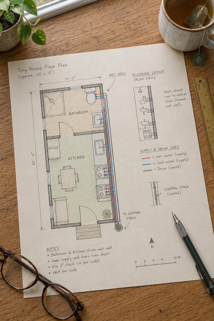 How to Plan a Tiny House Bathroom Layout with Room to Move 9 Overhead view of a tiny house floor plan on an oak drafting table showing the bathroom and kitchen sharing one plumbing wall with pencil diagrams of short supply and drain runs.