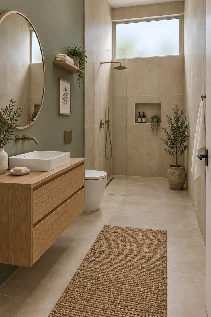 How to Plan a Tiny House Bathroom Layout with Room to Move 10 Tiny house bathroom with vertical warm beige large-format wall tile, matching floor continuing into a curbless shower, and a sage green wall behind a floating oak vanity in bright daylight.