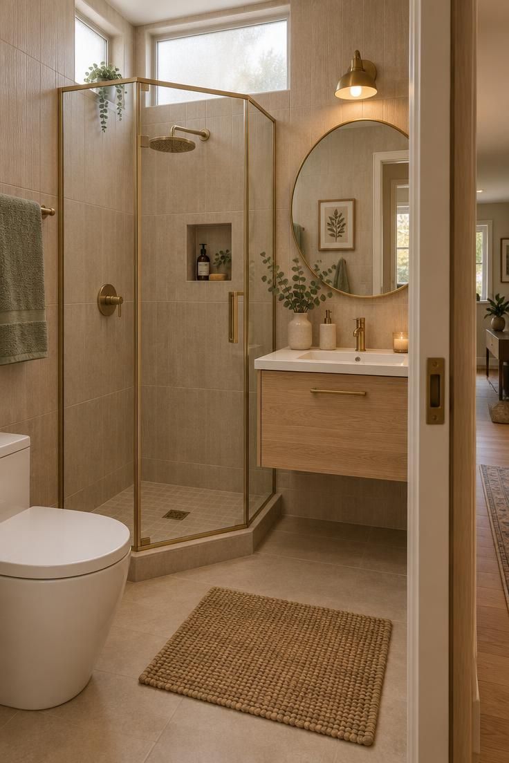 Simple Spaces 22 Warm tiny house bathroom with a compact corner shower in clear glass with brass framing, a floating oak vanity and round mirror, beige large-format tile walls, and a pocket door partially open to the hallway.