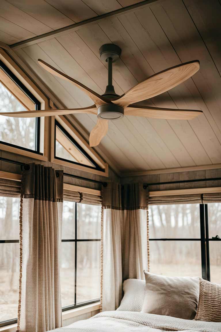 A tiny house bedroom ceiling with a modern, low-profile ceiling fan. The fan blades are made of light-colored wood to match the room's decor. Large windows are visible, dressed with insulating curtains in a neutral tone. The overall effect is one of comfort and climate control in a small space.